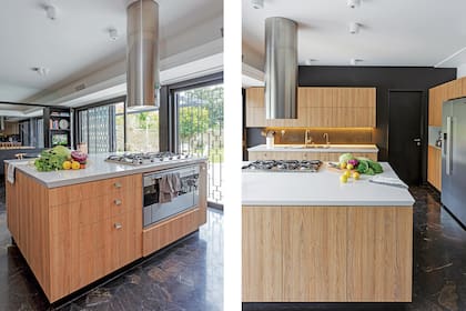 Frente de melamina ‘Olmo Finlandés’ (Faplac). Mesada de Silestone, anafe y campana ‘Tube’ (Franke).