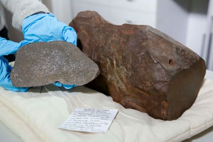 El corte del meteorito permitió ver en su interior pequeñas gotas como de lluvia plateada que son restos de minerales