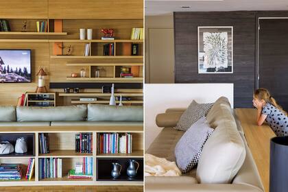El costado y la parte de atrás del sillón fueron aprovechados para convertirse en bibliotecas y mesas de apoyo.