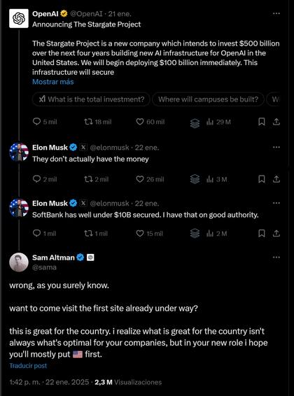El cruce entre Elon Musk y Sam Altman por Stargate, el plan de Donald Trump para invertir medio billón de dólares en IA