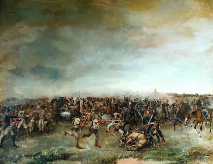El cuadro de Julio Villanueva representa el combate de San Lorenzo, cuando el caballo de San Martín cae desplomado y el sargento Cabral se interpone para salvarlo
