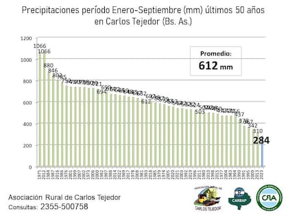 El cuadro refleja que las lluvias en Carlos Tejedor están a la mitad del promedio