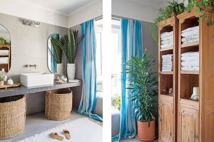El cuarto de baño tiene mesada de cemento (Ciba Arquitectura), bacha ‘Country’ (Ferrum), grifería ‘Berna’ (Robinet) y espejos ‘Ovo’ (Ziuk). Frascos (Claudia Adorno), florero (Paul), alfombra (Godet House) y sandalias (Interiores B.AP).