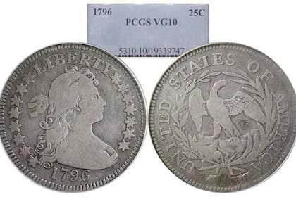 El cuarto de dólar de 1796 fue una de las primeras monedas de esta denominación acuñadas en Estados Unidos (IG: nencoin)