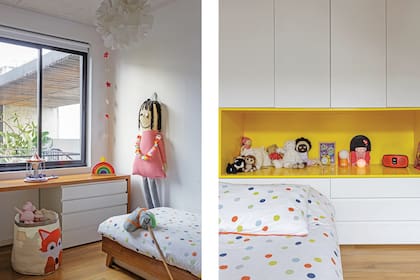 El cuarto infantil tiene muebles con frente de madera laqueada (diseño de Estudio G M GR), cama (Pipí Cucú) y muñeca (Sopa de Príncipes).