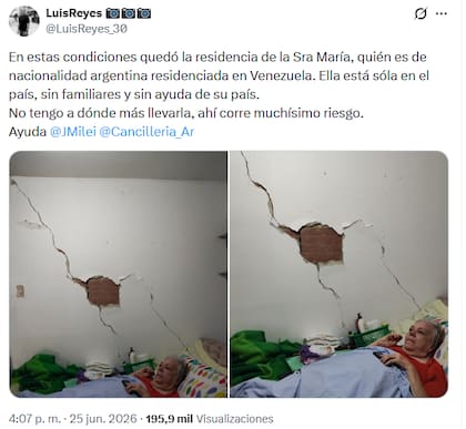 El cuidador de María Alicia Zurli Giraud Billoud pidió ayuda a Javier Milei y a la Cancillería de la Argentina mediante sus redes sociales