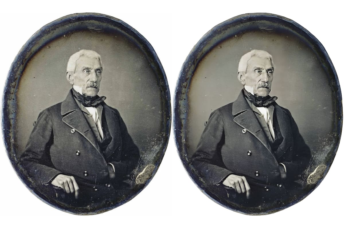 El daguerrotipo original de San Martin de 1848, a la izquierda, y la versión mejorada usando algoritmos, a la derecha