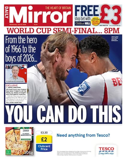 El Daily Mirror alentó al equipo inglés de cara al encuentro