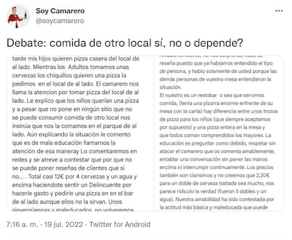 El debate en Twitter sobre si es educado llevar o no comida de otro local.