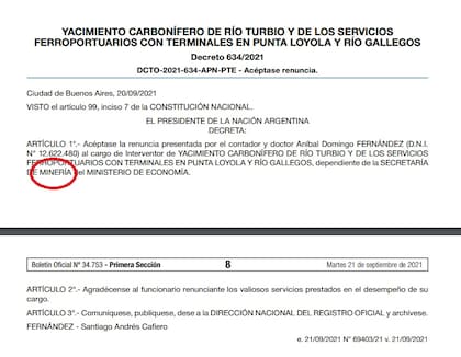 El decreto N° 634 con el error "involuntario" sobre la renuncia de Aníbal Fernández.