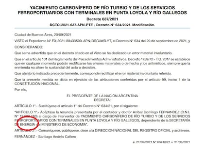 El decreto N° 637 que enmienda el error en el área correspondiente.
