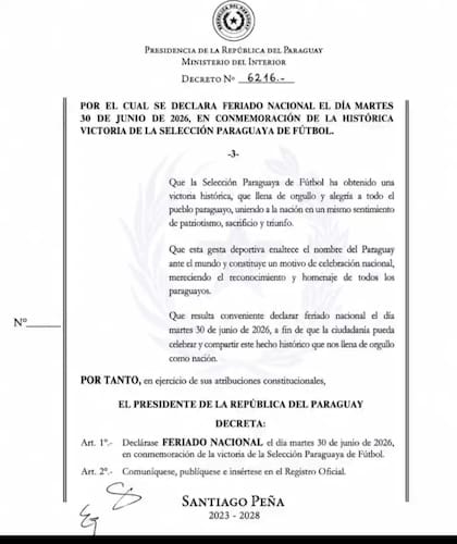 El decreto presidencial que declaró feriado nacional en Paraguay