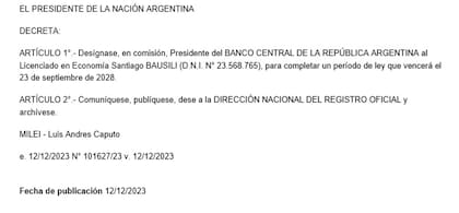 El decreto que dispone a Bausili como presidente del Banco Central
