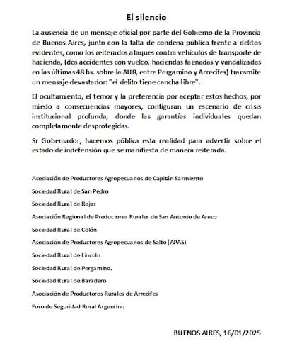 "El delito tiene cancha libre", denunciaron desde la Sociedad Rural y Asociaciones de la región.