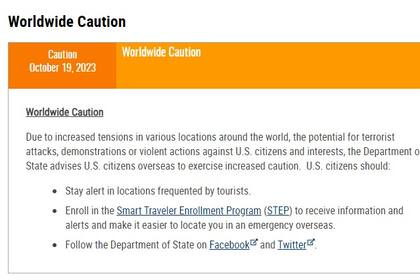 El Departamento de Estado de Estados Unidos emitió un aviso de precaución mundial
