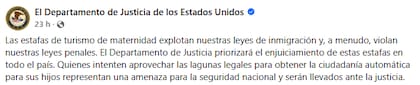 El Departamento de Justicia advirtió que irá en contra de quienes participen en esquemas de turismo de nacimiento