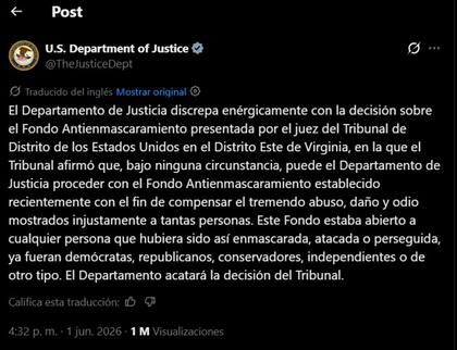 El Departamento de Justicia anunció el lunes que acatará el reciente fallo judicial
