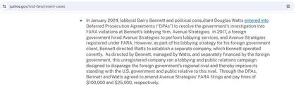 El Departamento de Justicia muestra en sus casos recientes una investigación por presunta violación al FARA que involucró a Barry Bennett