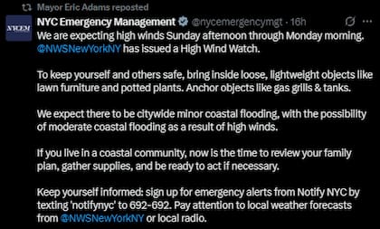 El Departamento de Manejo de Emergencias de Nueva York emitió una alerta por vientos intensos y recomendó a la población asegurar objetos ligeros