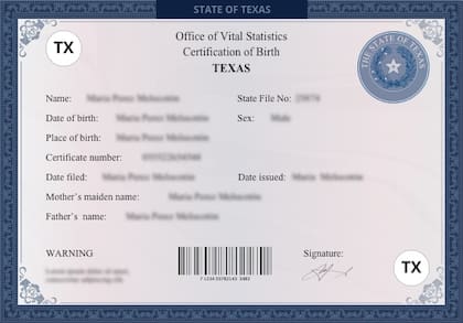 El Departamento de Servicios de Salud del Estado de Texas, a través de su oficina de Estadísticas Vitales, proporciona varios tipos de actas de nacimiento