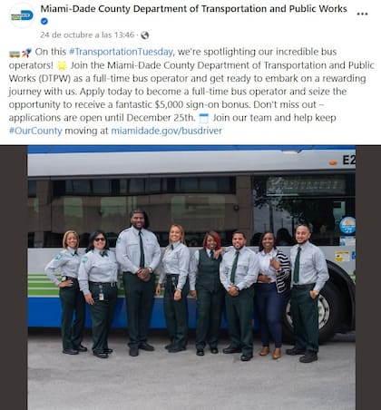 El Departamento de Transporte y Obras Públicas de Miami-Dade ofrece empleo como operador de autobús