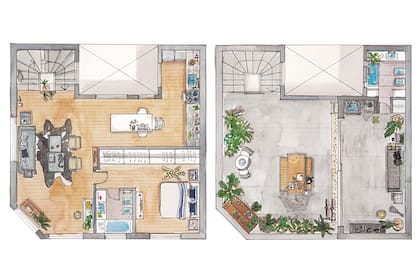 El departamento mide 8,70x8,0m. La terraza comparte el espacio con el estudio del tamaño de un container