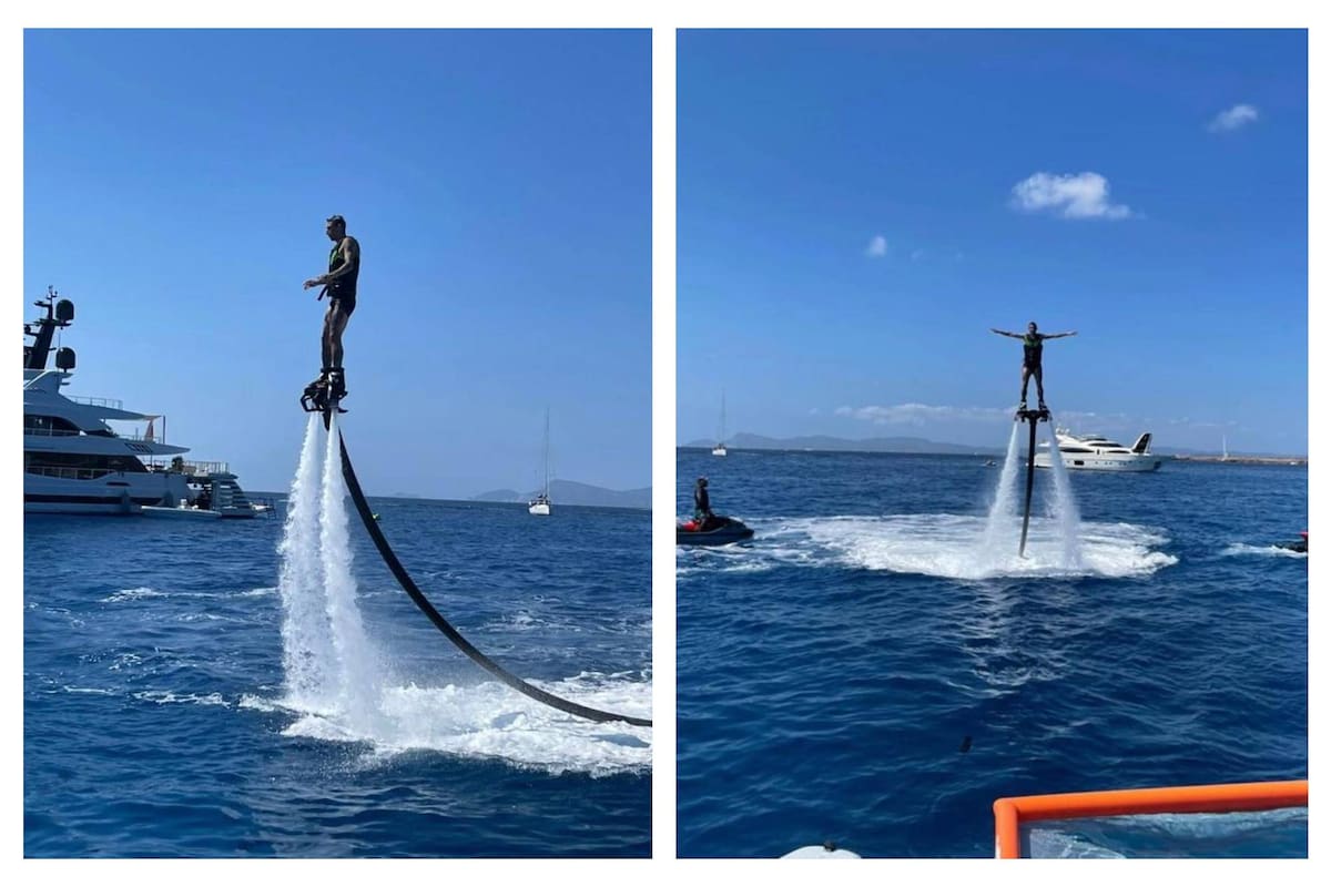 El deportista se mostró por los aires practicando flyboard