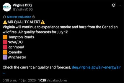 El DEQ de Virginia advirtió a los ciudadanos por la calidad del aire en ciertas ciudades