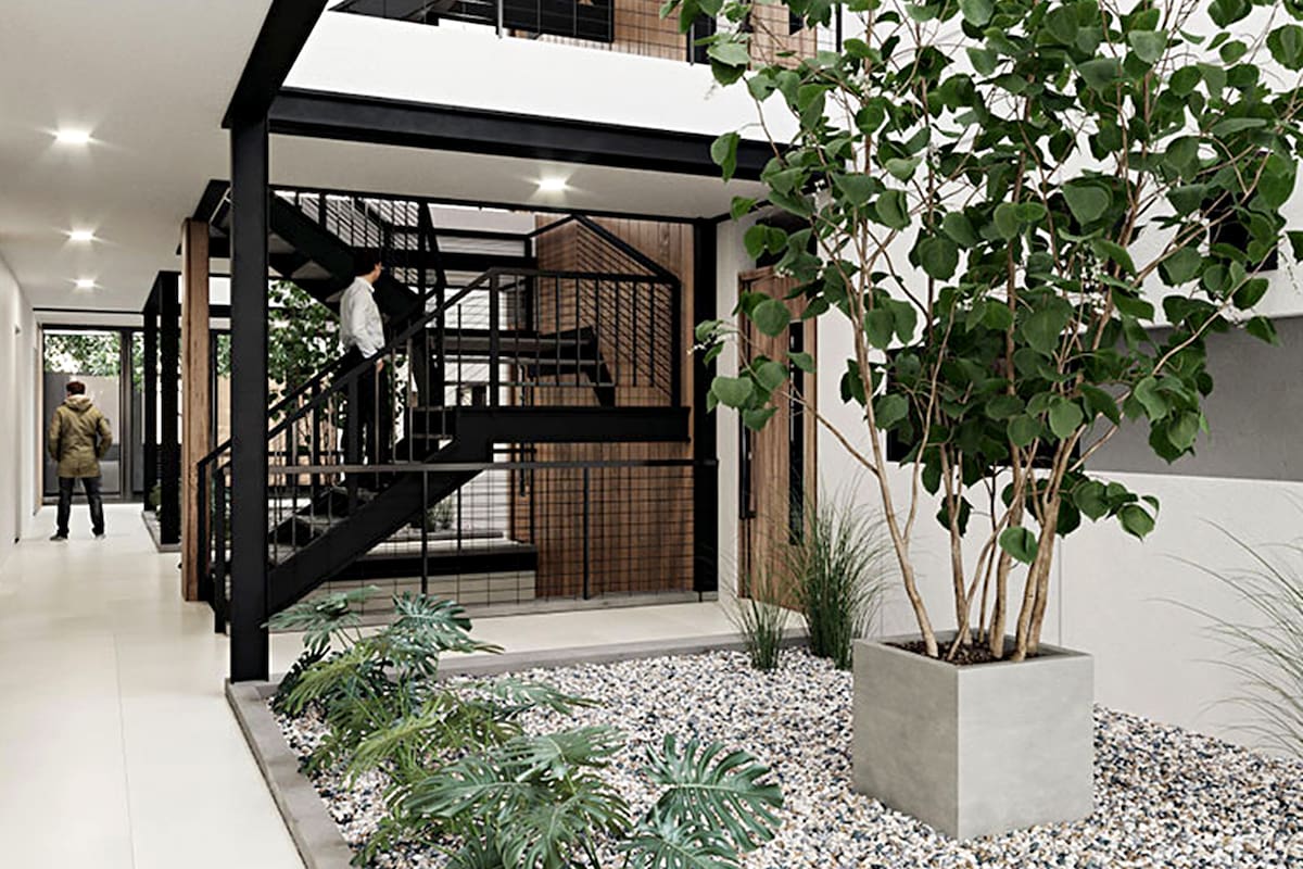 El desarrollo cuenta con 2400 metros cuadrados, distribuidos en planta baja y dos pisos, y ofrece unas 42 departamentos y un sector de parking