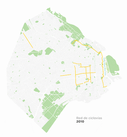 El desarrollo de la red urbana de ciclovías en la Ciudad Autónoma de Buenos Aires con el paso de los años.