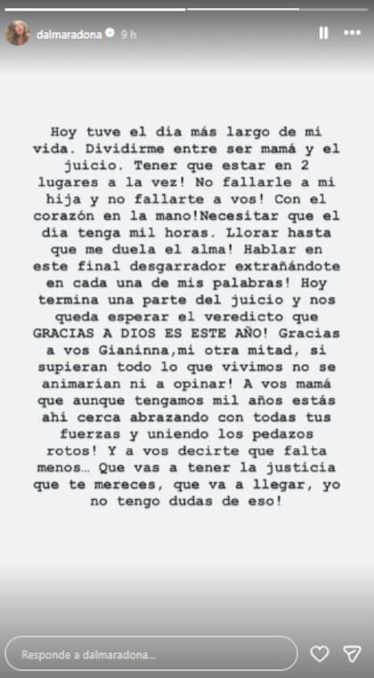 El descargo de Dalma Maradona tras conocer la fecha del veredicto del juicio por la muerte de su padre (Foto: Instagram @dalmamaradona)
