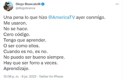 El descargo de Diego Brancatelli contra América TV (Foto: Twitter @diegobranca)