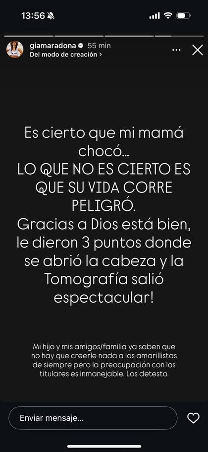 El descargo de Gianinna Maradona en Instagram
