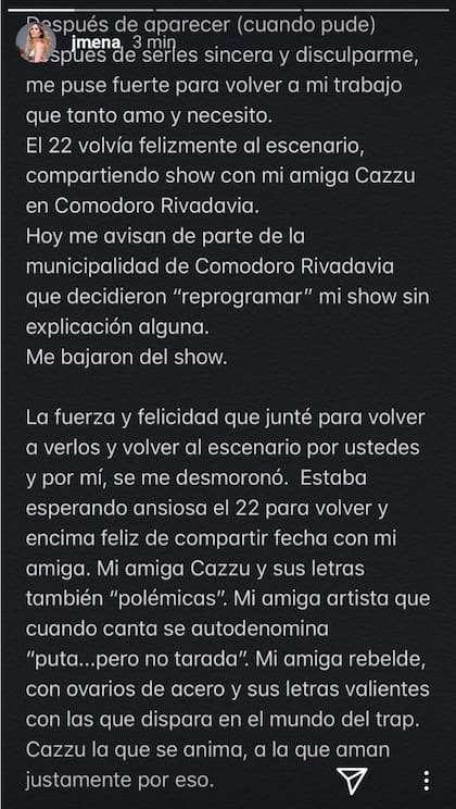 El descargo de Jimena Barón en Instagram