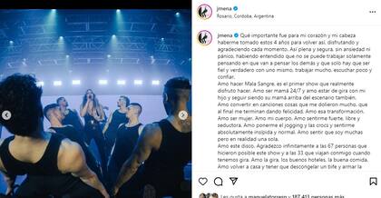 El descargo de Jimena tras su regreso a los escenarios