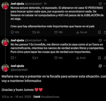 El descargo de Joel Ojeda en X