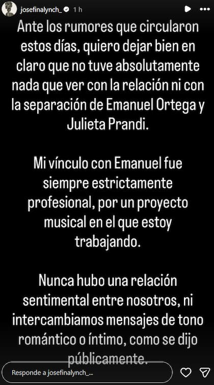 El descargo de Josefina Lynch tras los señalamientos como tercera en discordia entre Julieta Prandi y Emanuel Ortega (Foto: Captura Instagram/@josefinalynch_)