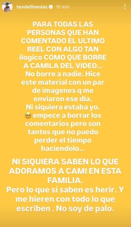 El descargo de Martina Sánchez Acosta, pareja de Benjamín Rojas, luego de que la acusaran de borrar a Camila Bordonaba de un video (Foto: Instagram @teodeliinesias)