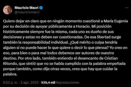 El descargo de Mauricio Macri sobre María Eugenia Vidal (Captura Twitter)