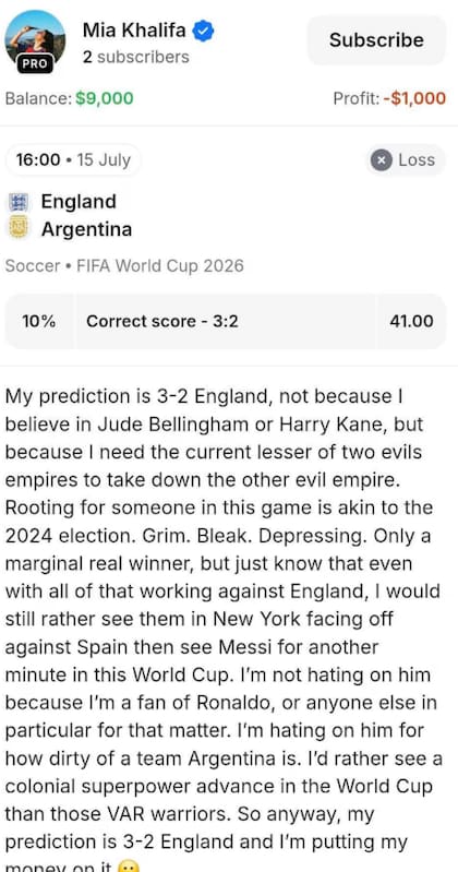 El descargo de Mia Khalifa tras el partido entre Argenitna e Inglaterra