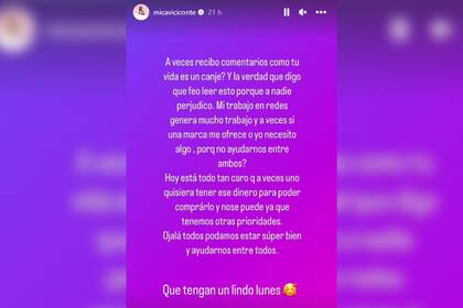 El descargo de Mica al ser acusada que "vive de canjes" (Foto Instagram @micaviciconte)
