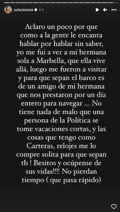 El descargo de Sofía Clerici en su perfil de Instagram