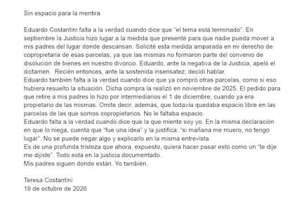 El descargo de Teresa Costantini