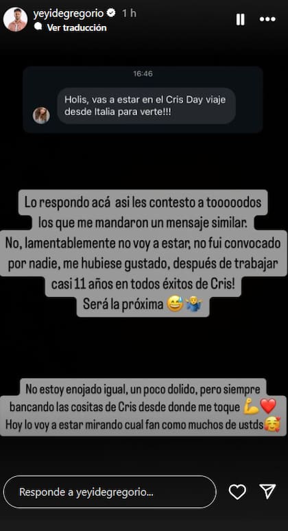 El descargo del actor por no ser parte del Cris Morena Day (Captura: Instagram @yeyidegregorio)