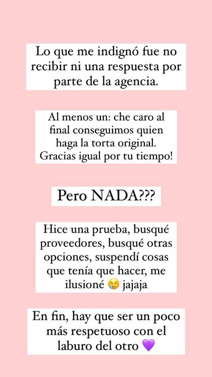 El descargo que hizo la pastelera a través de sus historias de Instagram