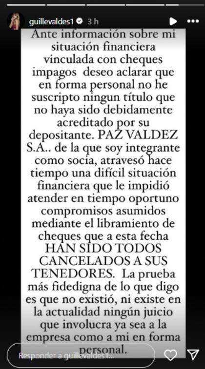 El descargo y las explicaciones que Guillermina Valdes dio desde sus redes