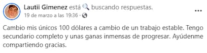 El desesperado mensaje que publicó Lautaro Montenegro en sus redes.