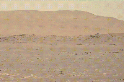 El despegue del Ingenuity en un GIF que publicó la NASA; la imagen está tomada desde el rover Perseverance