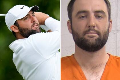 El después y el antes: Scottie Scheffler termina un swing en una destacada producción en la cancha de Valhalla, durante la segunda rueda del PGA Championship, y un rato antes estuvo detenido en una dependencia policial, con traje de preso.
