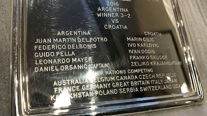 El detalle de la placa que recordará por siempre la conquista argentina, con los nombres de los protagonistas